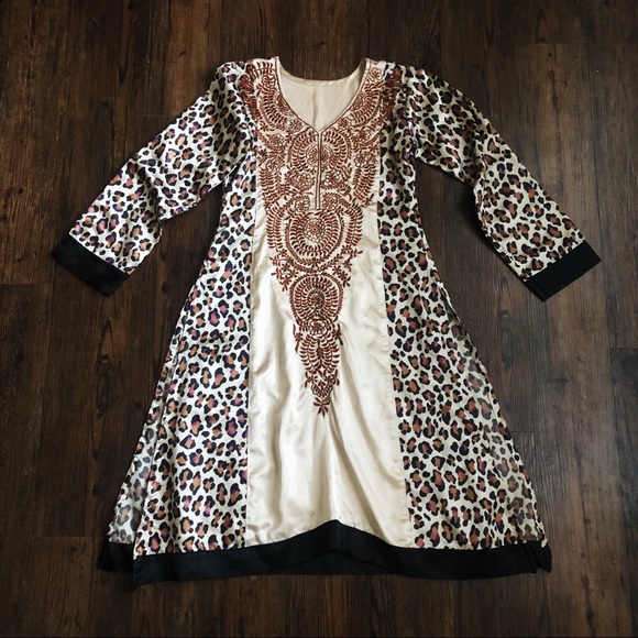 Bohemian Leopard Print Metallic Embroidered Tunic - Picture 1 of 5
